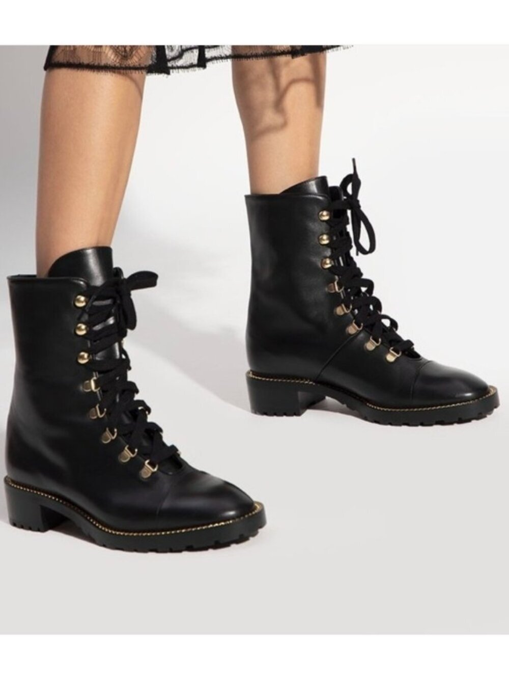 Stuart Weitzman Kolbie Chain Black Leather Combat Boots Gold US 9.5 EU 40